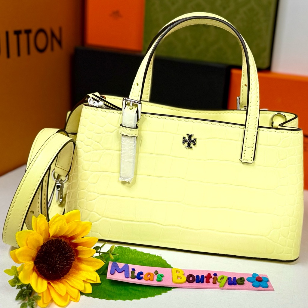 Tory Burch Emerson Embossed Mini Leather Tote In Pastel Yellow